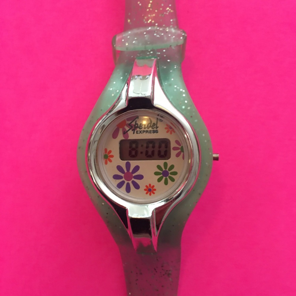 VINTAGE SPEIDEL EXPRESS jelly glitter flower swatch print watch rare VHTF